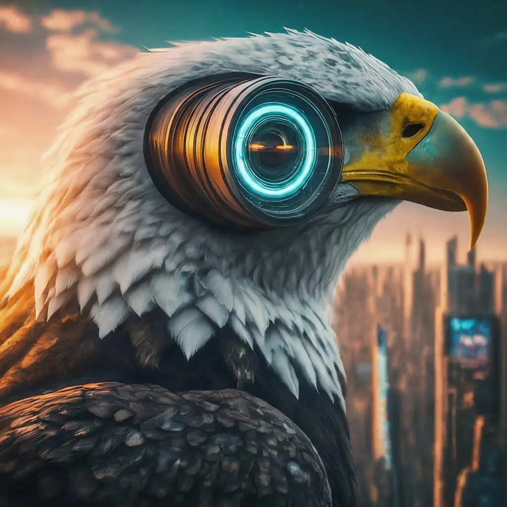 Eagle with futuristic cameras as eyes perched above futuristic city