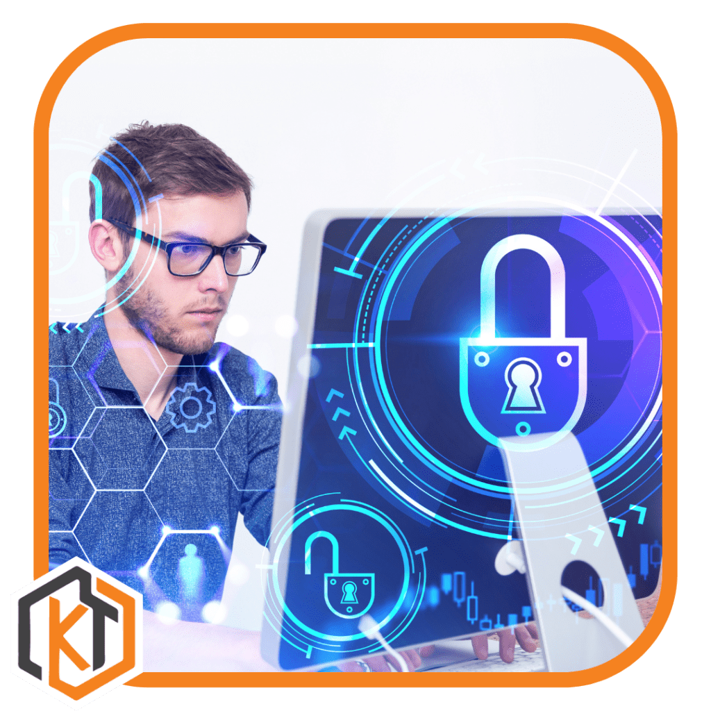 Male with glasses working on a mac with padlock symbols overlaid on top