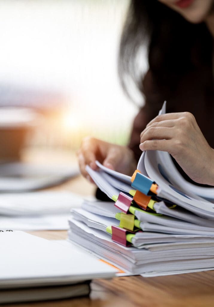 businesswoman reviewing documentation of processes